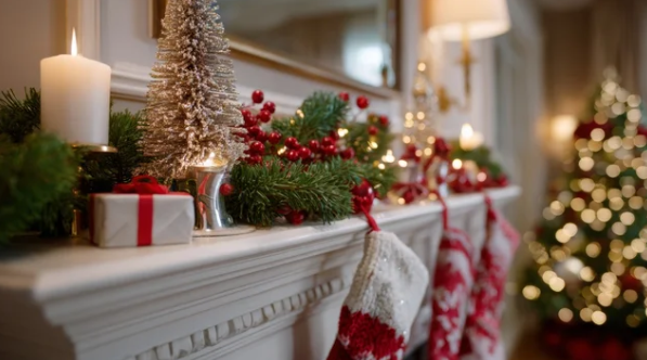 Holiday mantle with garland